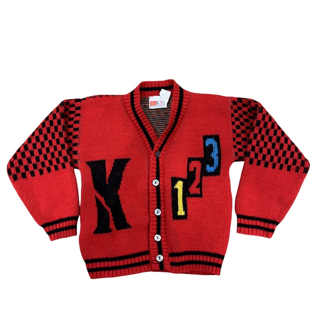 McKids Cardigan Kids Sz 5-6 Red Vintage 90s McDonalds Checkered 123 Graphic Knit